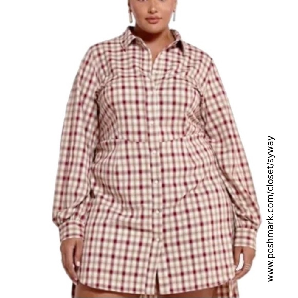Fashion to Figure Wine and Tan Plaid Button Front Shirt Dress Size 3